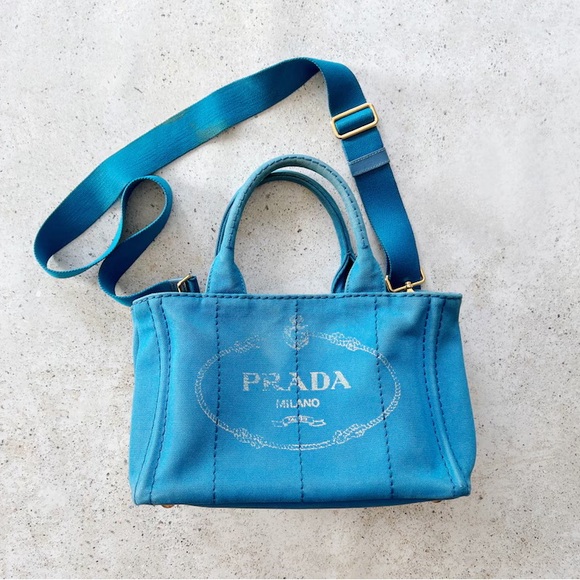 🩵 Vintage PRADA Canapa Mini Tote Bag Purse Blue - Picture 1 of 9